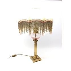  Modern Corinthian Column oil lamp style table lamp, the silk shade having beaded fringing, H67cm overall  