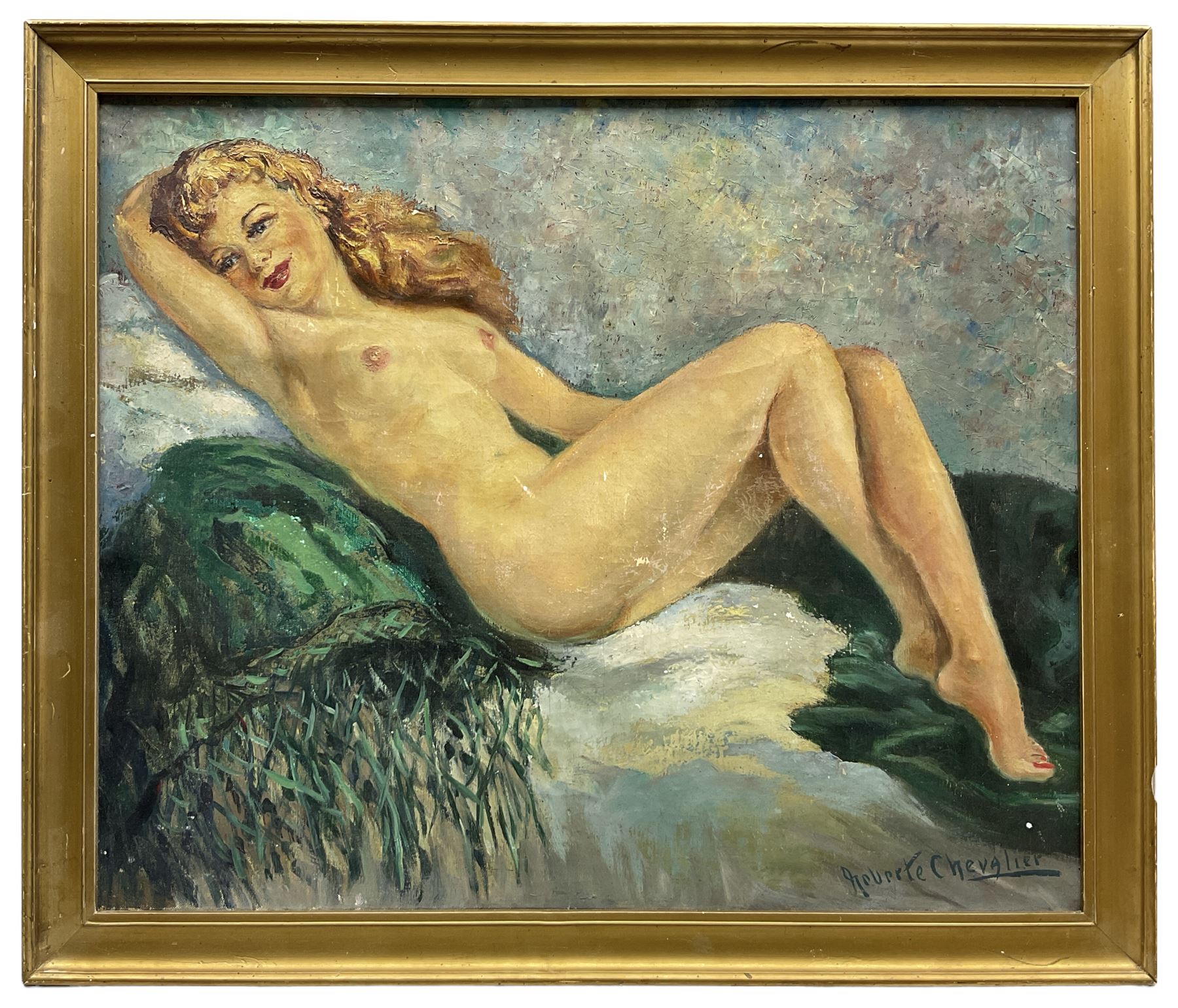 Roberte Chevalier (French 1907-2000): Reclining Female Nude 'Châle Vert', oil on canvas signed, titled verso 45cm x 54cm