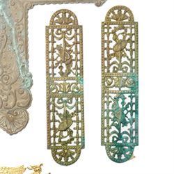 Large Victorian embossed brass door plate by Turner & Fowle with circular handle L63cm , pair of period design gilt brass door plates with oval handles, two more pairs of brass door plates and pair of brass door handles  
Provenance: property of a Nobleman