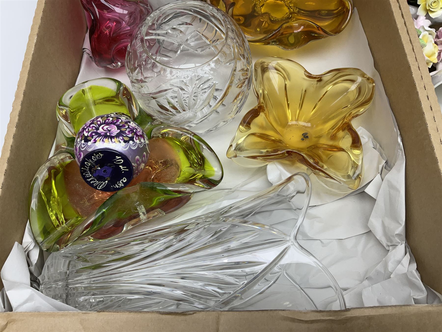 Royal Doulton Greenbrier pattern tea wares, together with a collection of porcelain flowers, Murano style coloured glass bowls, other ceramics and glassware, in four boxes 