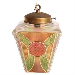 Art Deco glass lantern, with four panels of coloured glass in shades of green and red, wit...