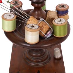 Victorian mahogany bobbin stand, together with pin wheel pin cushion, hat pins other sewing related items, stand H32cm