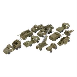 Eleven West German plastic military vehicles, including tanks, field guns and lorries