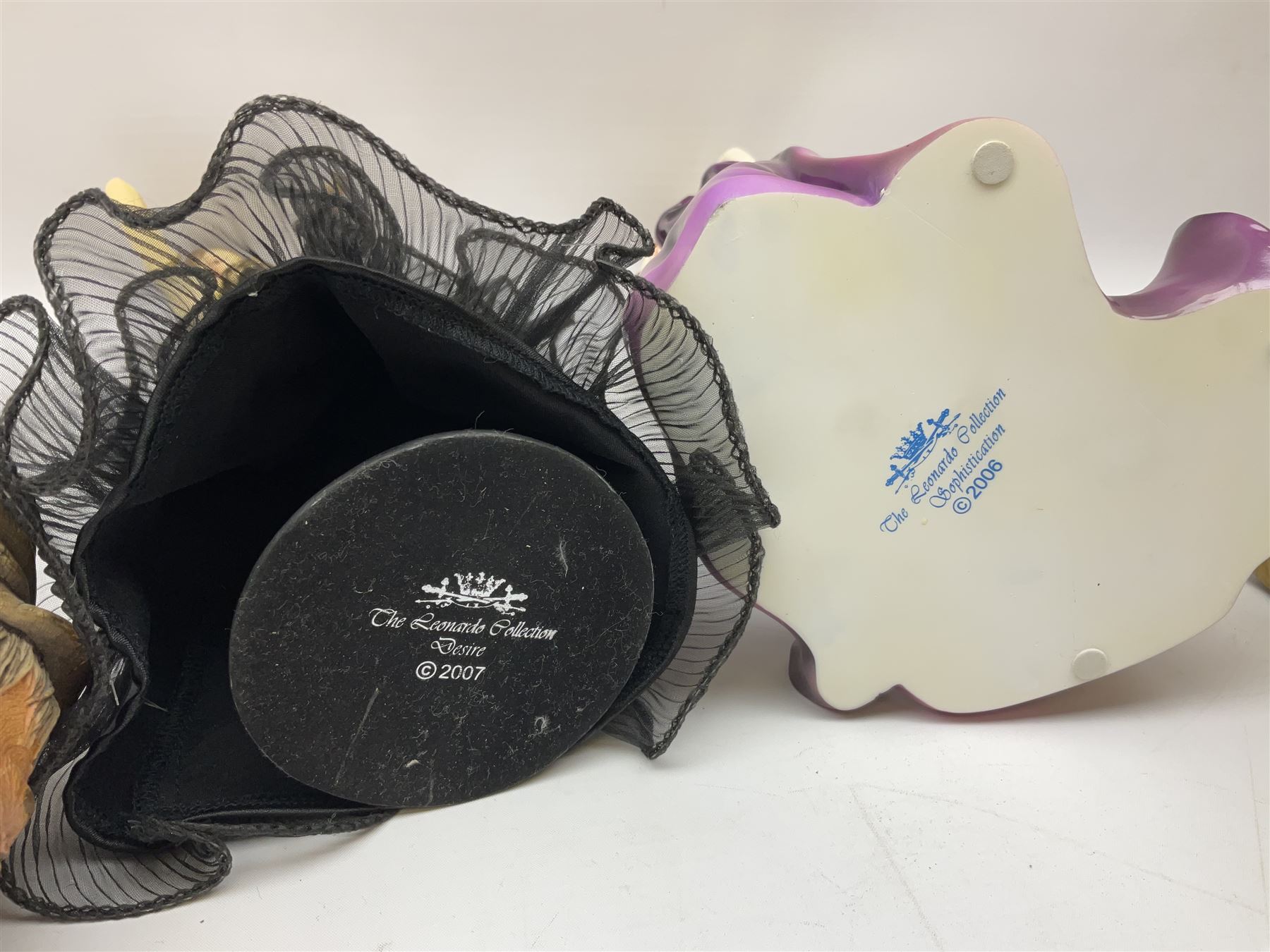 Three Legend Products plaster head wall plaques, comprising The Tinker, Jock and The Bosun, together with two The Leonardo Collection figures Sophistication and Desire, tallest H35cm, Quantity of animal figures and figure groups, to include ceramic and composite examples of dolphins, birds, Shire horses etc, in two boxes