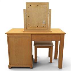 Contemporary oak dressing table, fitted with three drawers, with corresponding mirror and stool
