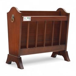 20th century mahogany magazine rack, with shaped ends and pierced divider slats, brass lion mask ring handles to each side, raised on splayed bracket feet