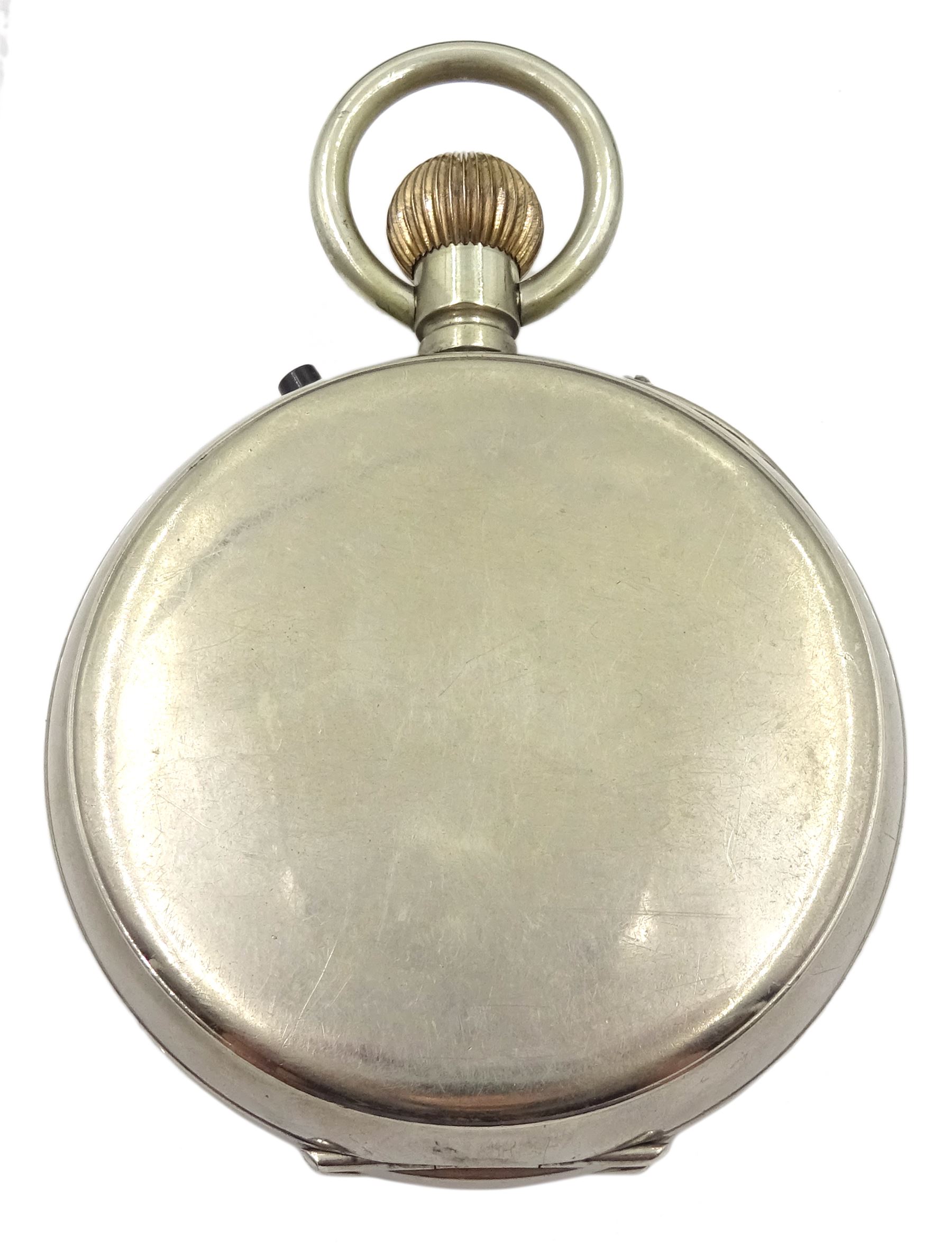 Early 20th century goliath keyless Swiss lever pocket watch by M M & Co, patent No. 10292, retailed by J. C. Vickery 'To Their Majesties 179-181-183 Regent Street', with light attachment, white enamel dial with Arabic numerals and subsidiary seconds dial, case No. 3499292, in fitted case