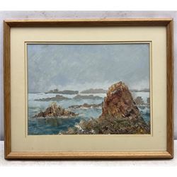 Margaret Oldfield (British 20th century): Scilly Isles, impasto oil on board, signed on label verso 27cm x 37cm 