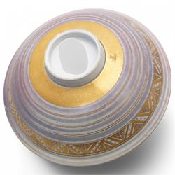 Mary Rich (1940-2022); three studio pottery footed bowls, in blue with gilt geometric decoration, impressed potters seal to base, largest D28cm (3)