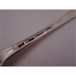 George IV silver fruit serving spoon, the bowl embossed with fruits, with engraved vine leaf decoration to handle, hallmarked London 1789, together with a very similar earlier example, hallmarks worn and indistinct