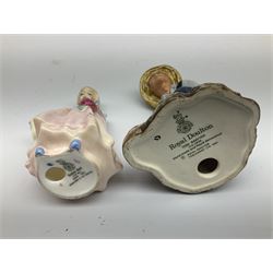 Group of figures, comprising six Royal Doulton examples, Daydreams HN1731, Silks and Ribbons HN2017, Tom Sawyer HN2926, Marie HN1370, Bo-Peep HN1811, and Tinkle Bell HN1677, together with a Dresden type 'lace' example, and a Coalport 'Swiss Cottage', (8)