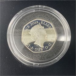 Three The Royal Mint United Kingdom silver proof piedfort fifty pence coins, comprising 2017 'Sir Isaac Newton', 2019 'A Celebration of Sherlock Holmes' and 'Celebrating the Life of Stephen Hawking', all cased with certificates 