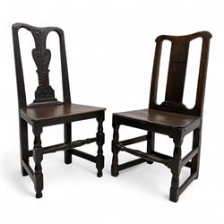 18th century oak side chairs, of matched design, one with intricately carved central splat...