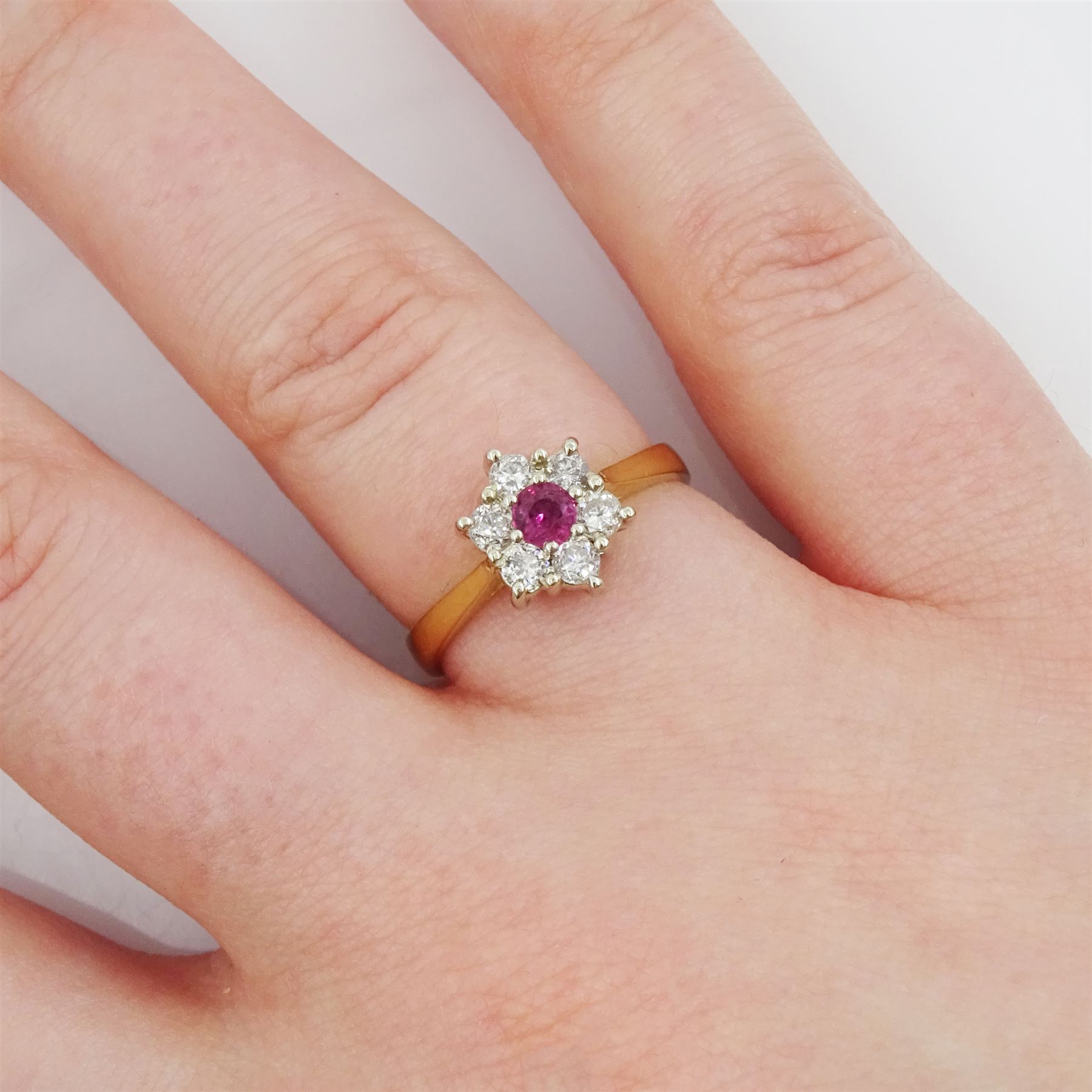 18ct gold round cut ruby and round brilliant cut diamond cluster ring, Birmingham import mark 1989, total diamond weight approx 0.30 carat
