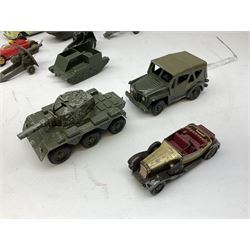 Various makers - small quantity of unboxed and playworn die-cast models including military vehicles by Lone Star, Britains etc; Tri-ang Scalextric Porsche racing car; two die-cast model reference books; and large quantity of empty die-cast model boxes