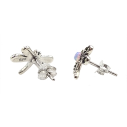 Pair of silver marcasite and opal dragonfly stud earrings, stamped 925