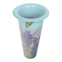 Dennis Chinaworks, Iris vase, by Sally Tuffin, dated 2002, cylindrical form with flared rim, decorated with irises and bees upon blue green ground, signed and stamped beneath, H29cm

