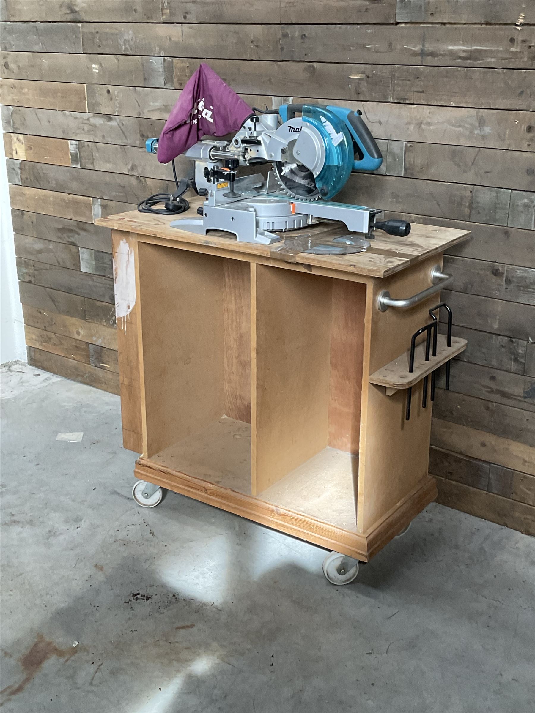 Makita LS0815FL chop saw, with wooden trolley