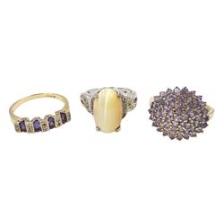 9ct gold tanzanite cluster ring, 14ct gold tanzanite and diamond ring and a 9ct white gold stone set and diamond ring, all hallmarked (3)