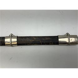 Reproduction Scottish basket hilted broadsword with 85cm double edged steel blade and red lined basket hilt with wire bound grip, in white metal mounted leather scabbard 107cm overall