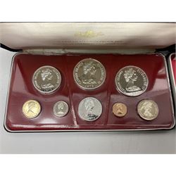 First National Coinage of Barbados 1973 proof eight coin set, from ten dollars to one cent, the ten dollar coin minted in sterling silver, the five dollar coin minted in 800 silver, and a Barbados 1974 proof eight coin set, both minted at The Franklin Mint, cased with certificates; two Republic of Malta decimal proof coin sets, dated 1978 and 1979, the 1979 one pound coin minted in sterling silver, both minted at The Franklin Mint, cased with certificates; Cayman Islands 1973 proof eight coin set, minted at the Royal Canadian Mint, cased; and a Cayman Islands 1979 proof eight coin set, the five dollar to fifty cents coins each minted in sterling silver, minted at the Franklin Mint, cased with certificate (6)