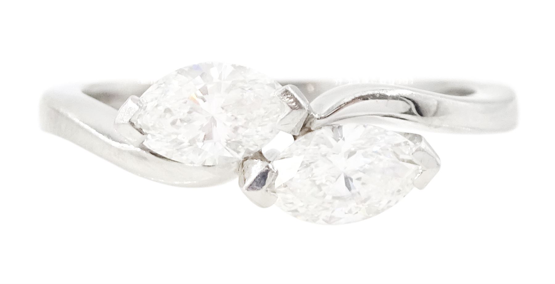 Platinum diamond crossover ring, set with two marquise cut diamonds, London 2010, total diamond weight approx 0.80 carat