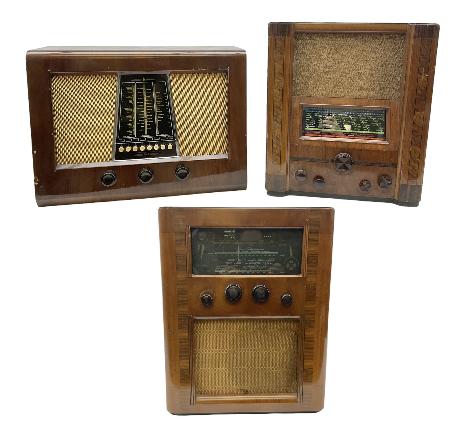 1950 Bush Type PB22 valve radio with Bakelite knobs and central glass  tapering panel between with gilt metal mesh speakers, W58cm H42cm D24cm,  together with Cossor floor standing radio in walnut venee 