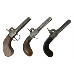 Three 19th century percussion pocket pistols for display, spares or repair; all un-named and two with 7cm screw-off barrels; one with folding trigger (3)