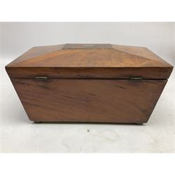 Walnut tea caddy of sarcophagus form, two division lidded interior with a later glass mixing bowl, upon four brass bun feet together with a walnut sewing box with mother of pearl inlaid decoration, tea caddy H16cm