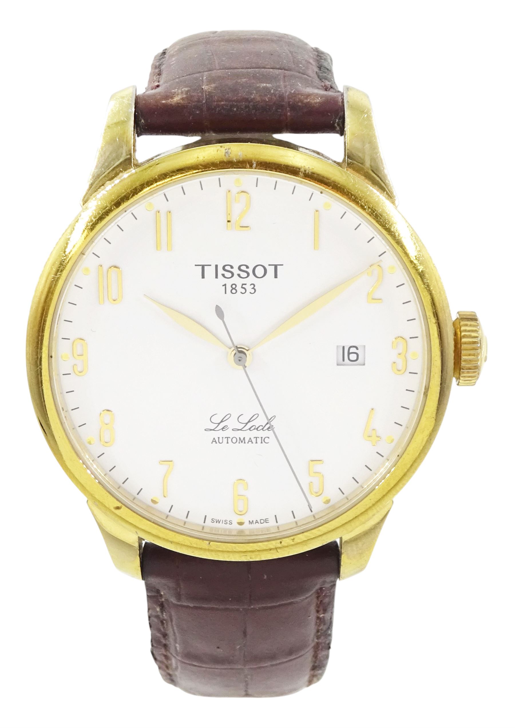 Tissot le Locle gentleman's stainless steel and gold-plated automatic wristwatch, Ref. L164/264, white dial with Arabic hour markers and date aperture, on original brown leather strap, with fold-over clasp