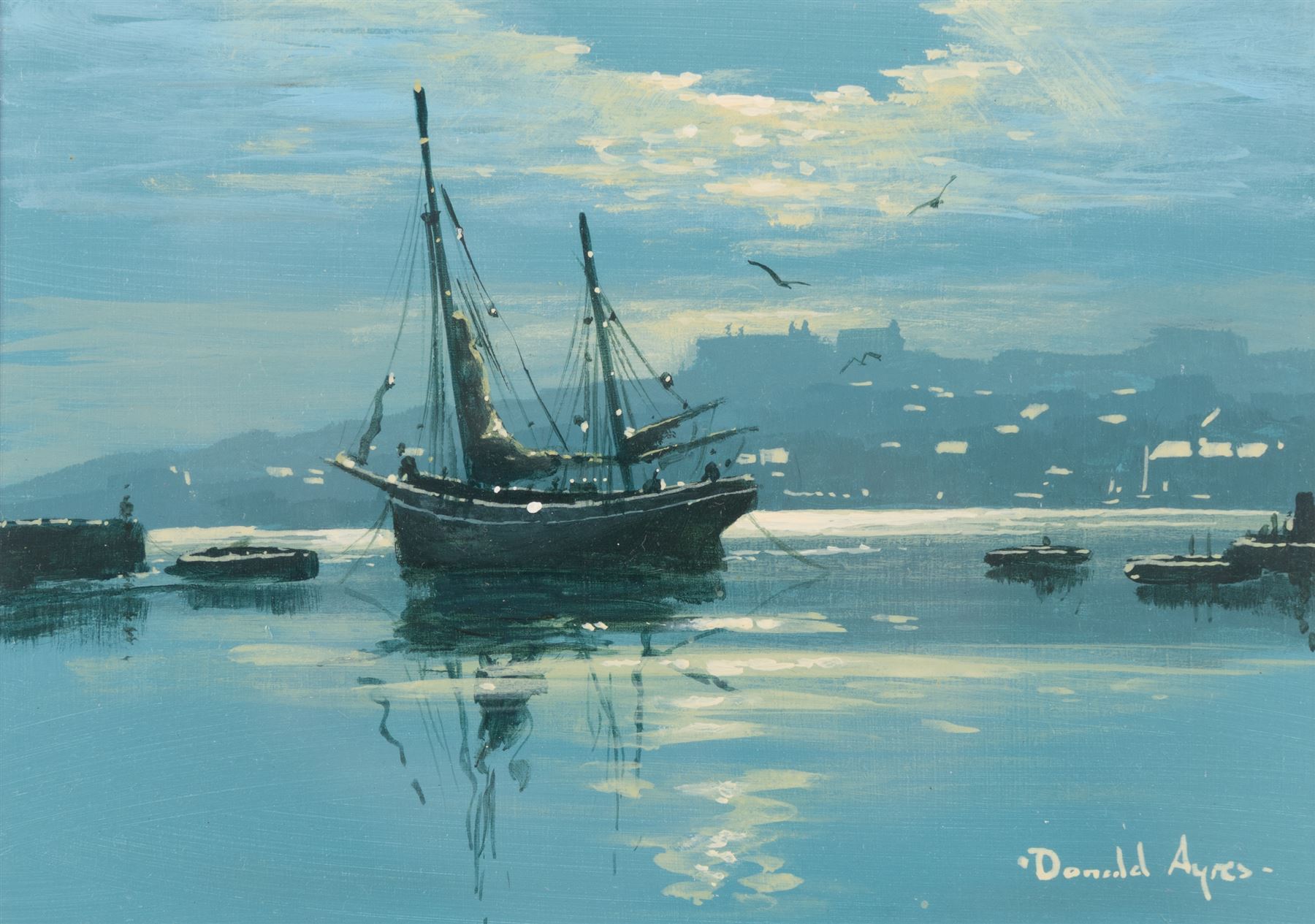 Donald Ayres (British 1936-): View of Whitby Harbour at Night, oil on board signed 12cm x 17cm
