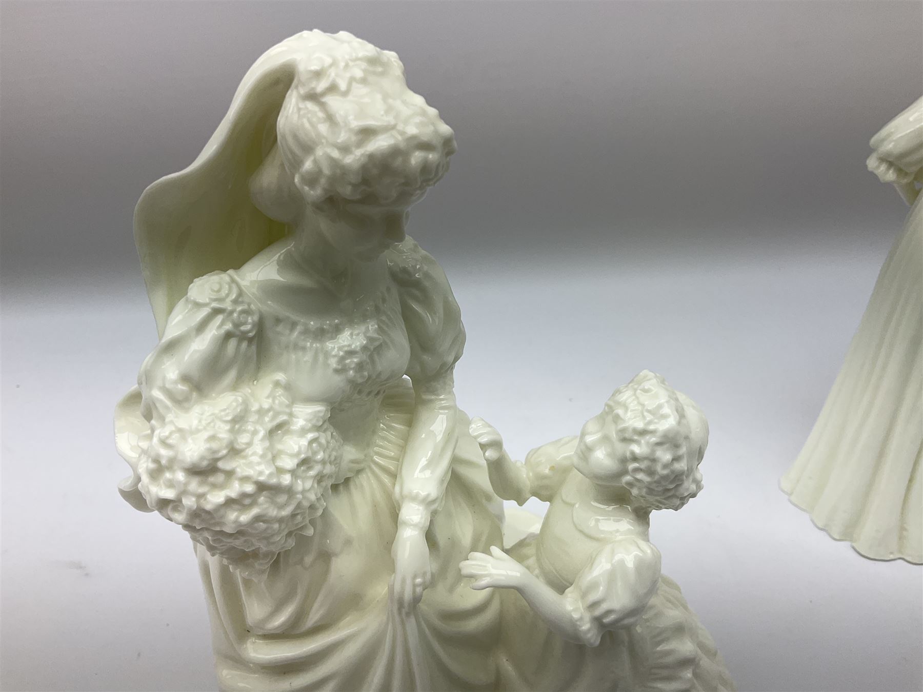 Six Royal Worcester figures, comprising The Wedding Day, New Arrival, The Christening, First Steps, Once Upon a Time and Sweet Dreams, all with printed marks beneath 