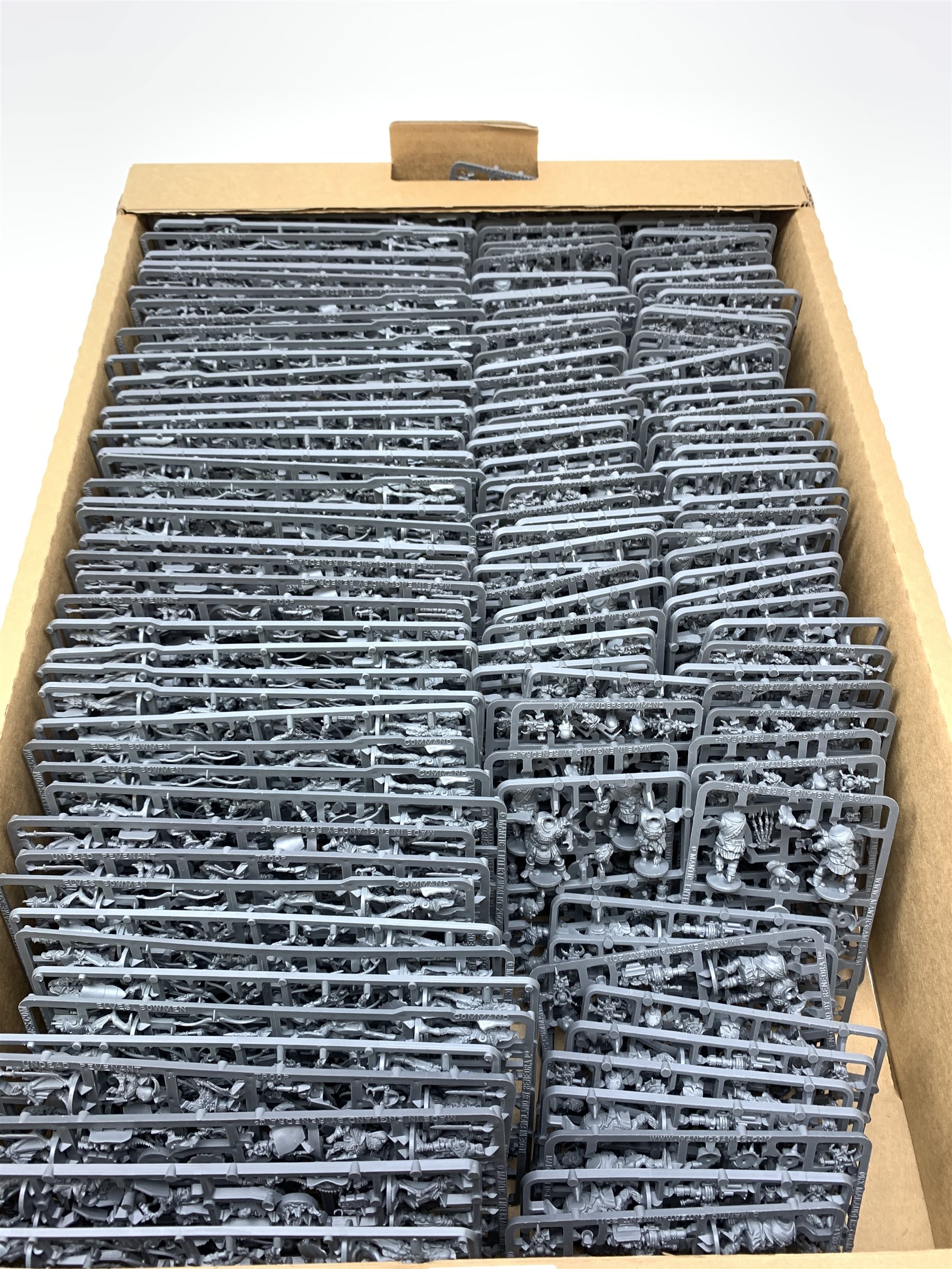 One hundred and forty Renedra Limited sets of plastic soldiers on sprues titled Undead Revenent, Elves Bowmen Command and Orx Marauders Command