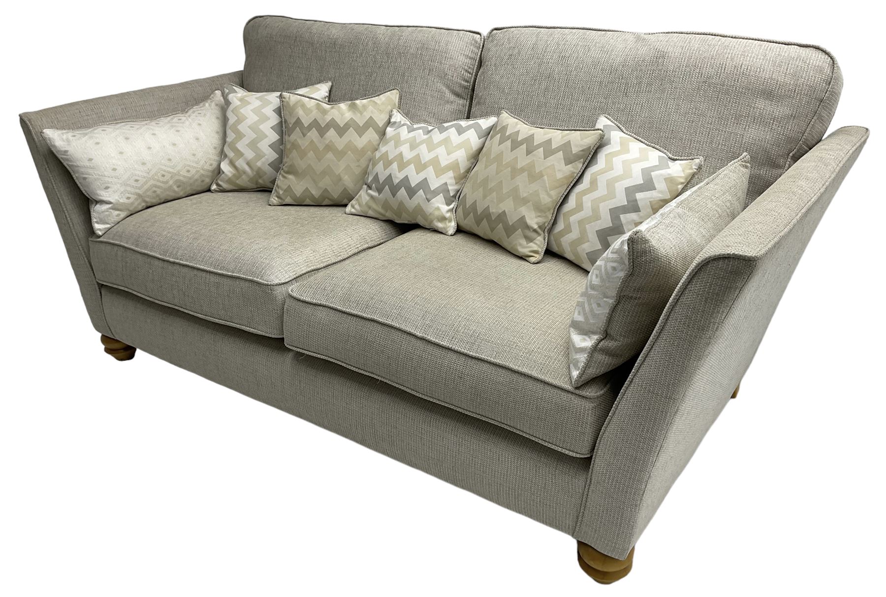Oak Furnitureland - three-piece lounge suite upholstered in grey fabric, large three-seat sofa (W238cm, D106cm), two-seat sofa (W209cm), and snuggler sofa (W129cm)