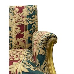 William Bertram & Son of London - pair late 19th century giltwood armchairs, moulded frame with scroll carved back and arm terminals, upholstered in striped fabric with foliate pattern, on shell carved cabriole supports, the brass castors stamped 