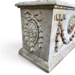 Haddon stone - cast rectangular planter, swag and motif detail, planted