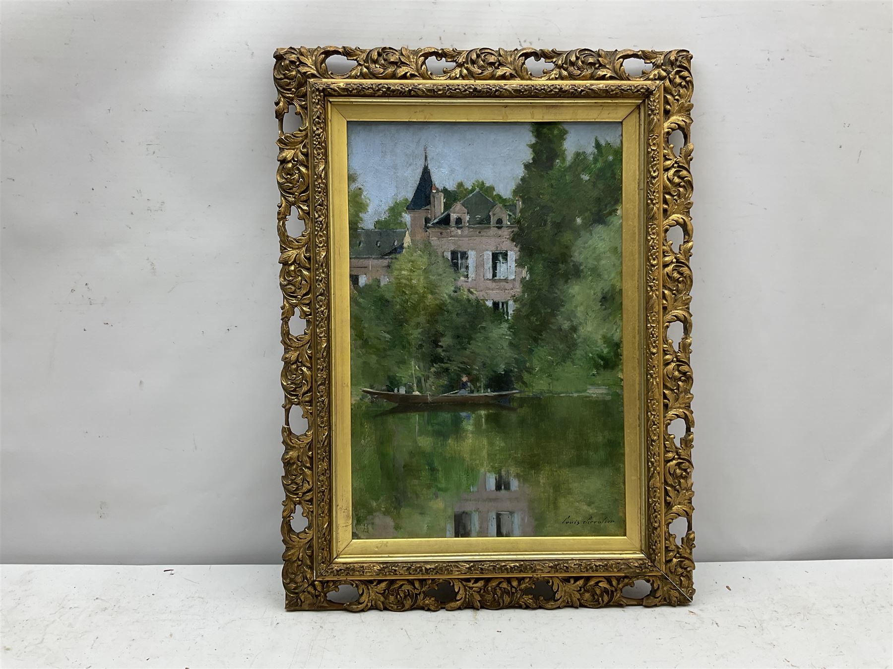 Louis Auguste Chevalier (French c.1865-?): Chateau by the Lake, oil on canvas signed 39cm x 26cm