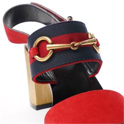 Gucci - pair of heeled sandals, with red suede front straps and indigo and red web stripe ankle straps with gold tone horse-bit detail, on bark-effect gilt block heels, size 36½, unused with original dust bags