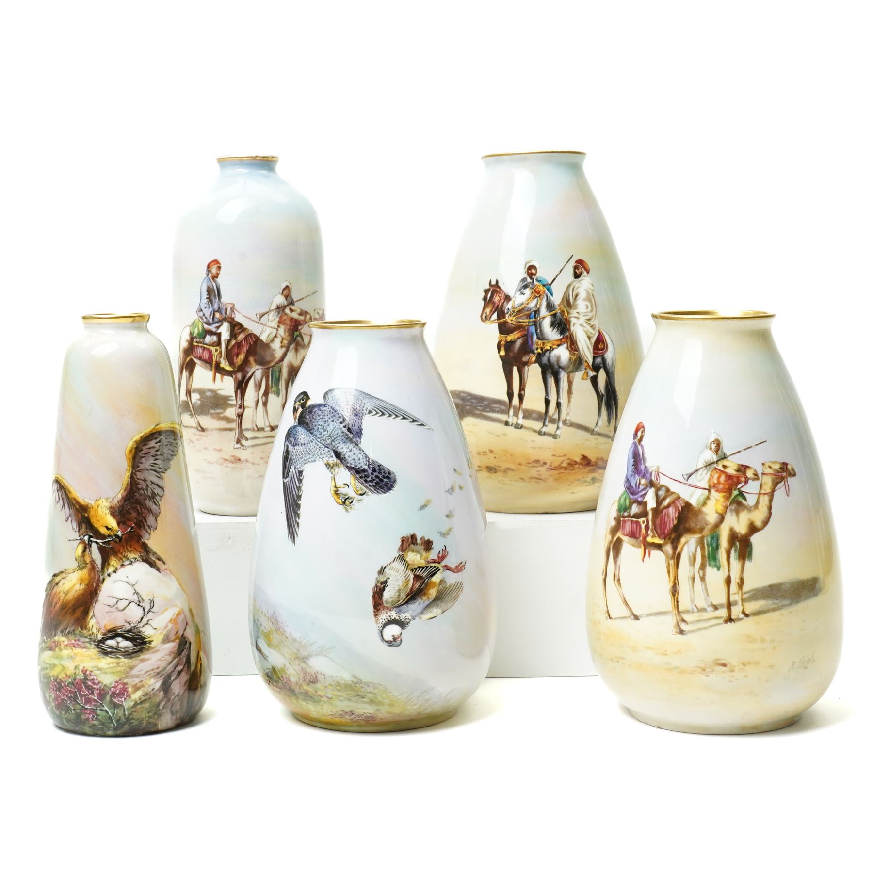 Pair of Tuscan China vases painted with Middle Eastern scenes signed R Haigh H18cm, another in similar subject and two other Tuscan China vases painted with birds