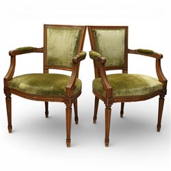 French Louis XVI style walnut armchairs, rectangular upholstered backs with nailhead trim,...