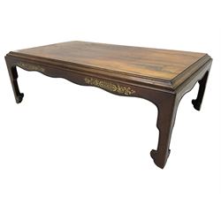 19th century rosewood opium table, rectangular top with moulded edge, the shaped apron decorated with applied brass scrolling foliate detail, raised on shaped supports with stylised leaf feet and cockbeaded edge