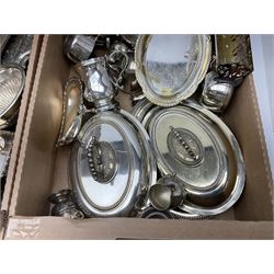 Quantity of silver plate and other metal ware, including sugar caster, tureens, serving dishes, pair of candelabra etc, in two boxes 