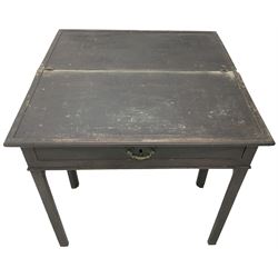 Mid-to-late 18th century mahogany card table, moulded rectangular fold-over top, fitted with single cock-beaded drawer, on square chamfered supports, single gate-leg action base