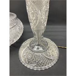 Cut glass table lamp base, of tapering form upon circular base, with conforming cut glass domed lamp shade, H45cm