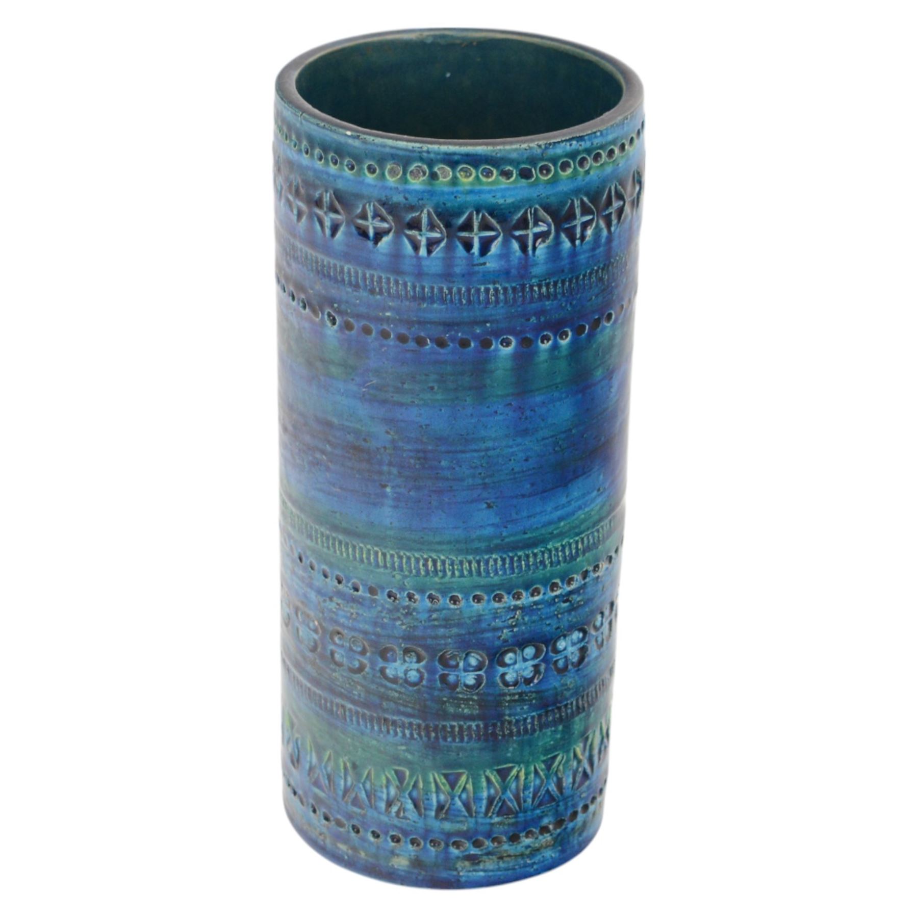 Bitossi pottery Rimini Blu vase, 1970s, designed by Aldo Londi, of cylindrical form, with impressed details, with painted marks beneath, H18cm