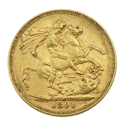 Queen Victoria 1891 gold full sovereign coin, Melbourne mint
