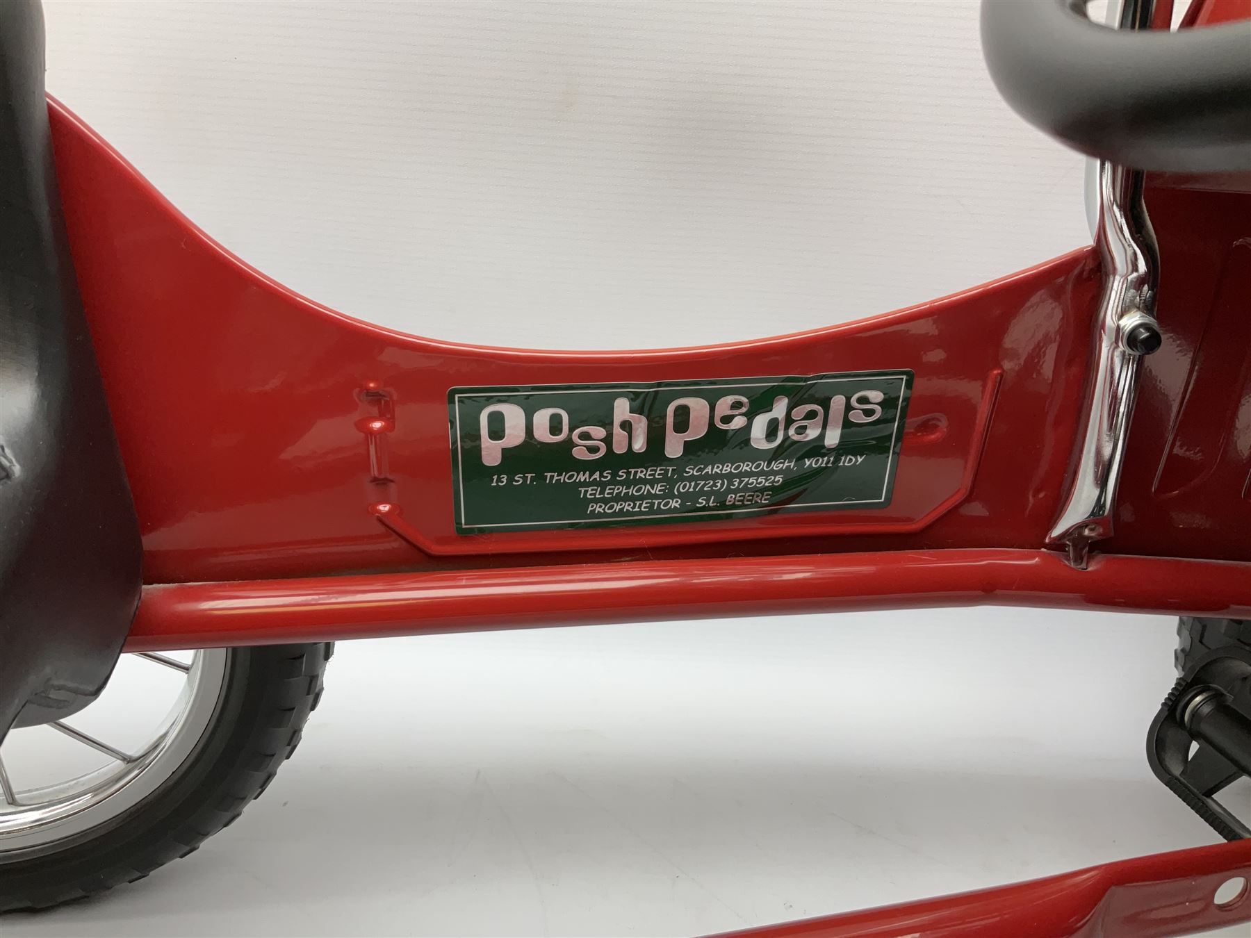 Red child's tin-plate pedal car with chrome detail, by Posh Paddles, Scarborough, H56cm, L80cm