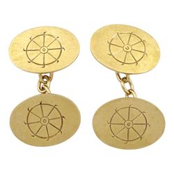 Pair of gold ships wheel design cufflinks, stamped 9ct