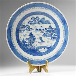Chinese blue and white charger, late Qing dynasty, painted with a landscape, D37cm 
