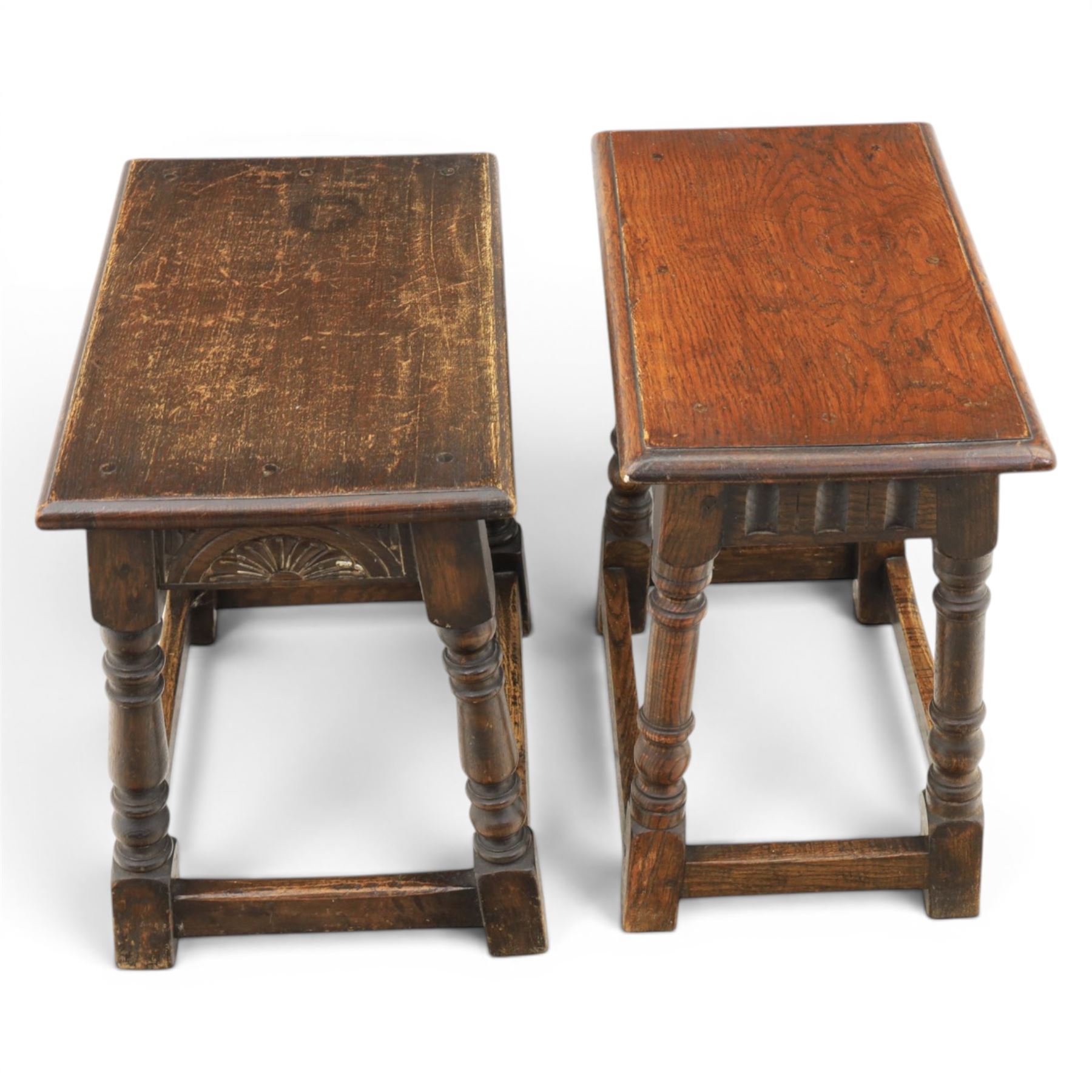 Two 19th century oak joint stools with carved frieze and turned supports